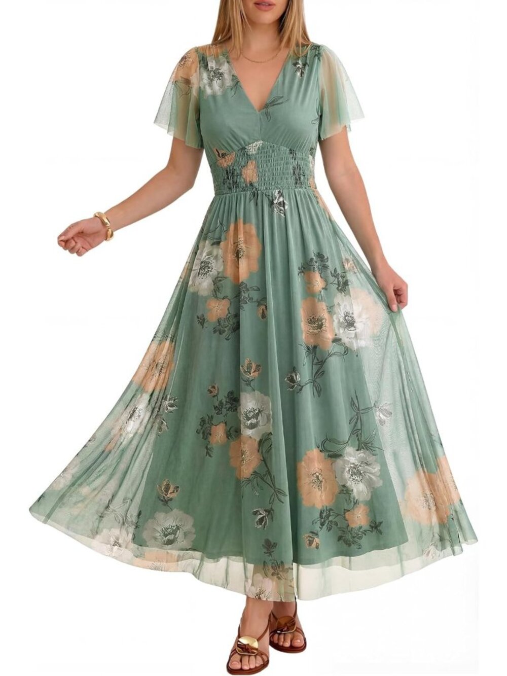 Floral Tulle Maxi Dress for Women | Short Sleeve Wedding Guest Outfit